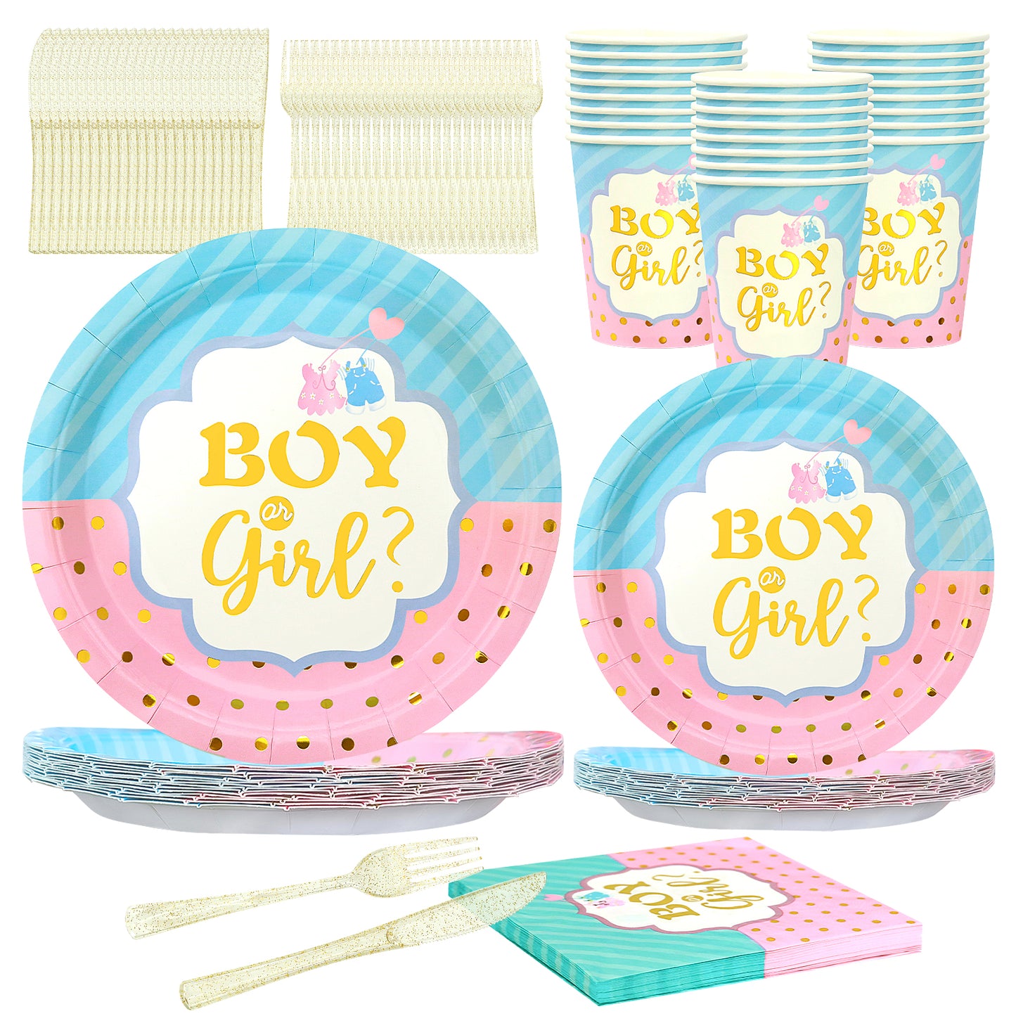 144PCS Gender Reveal Party Supplies, Blue and Pink Paper Plates and Napkins Baby Shower Tableware Set, Party Decorations for Boy or Girl, Serves 24