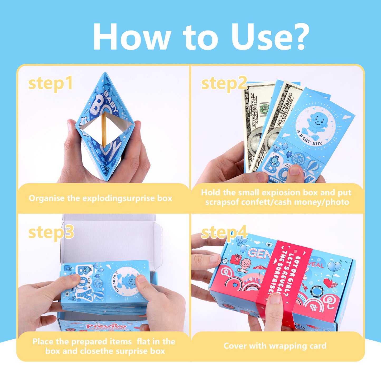 Gender Reveal Gift Box - 20 Pcs Blue Boy Baby Gender Reveal Party Surprise Gift Box - Explosion Money Ideas Gifts Decorations