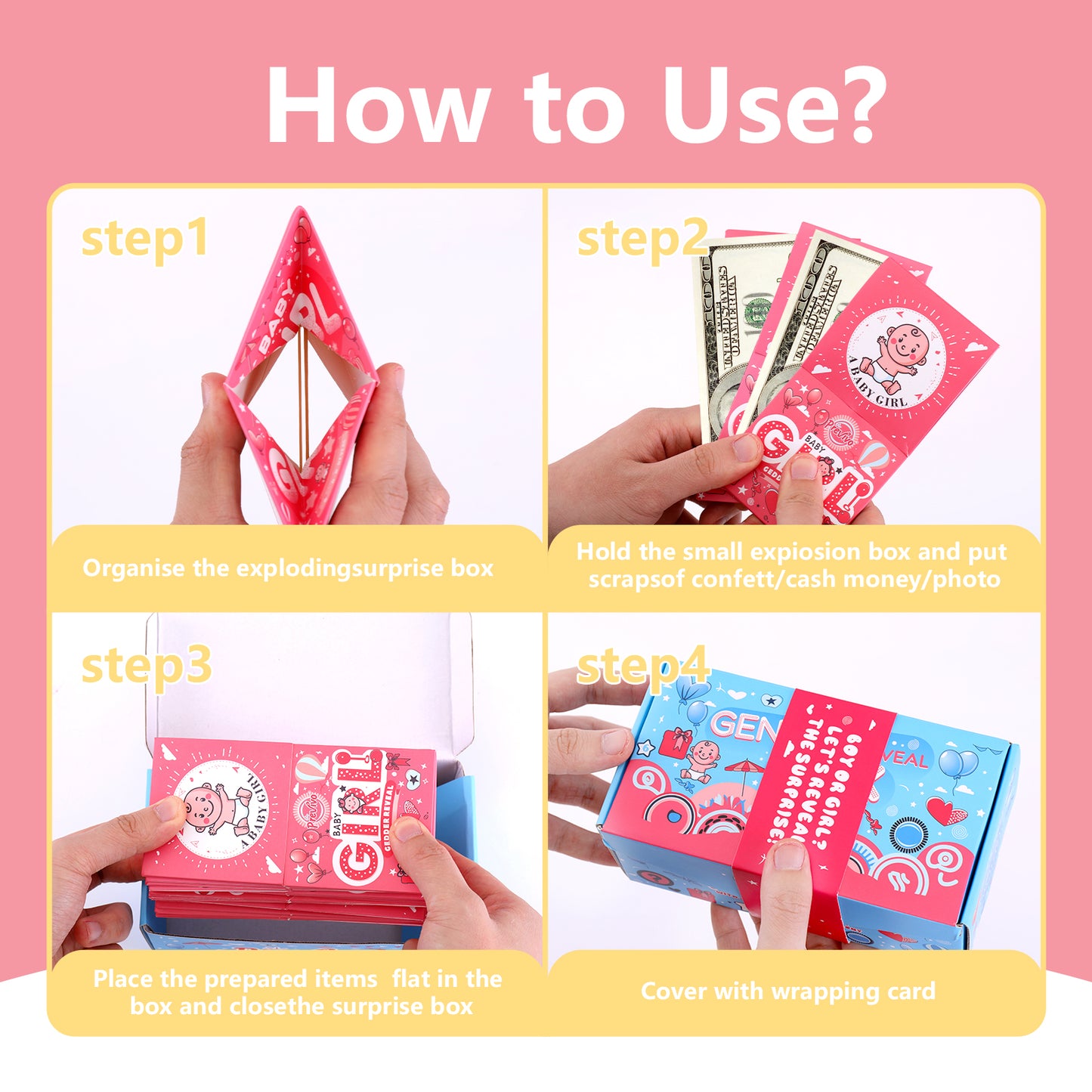 Gender Reveal Gift Box - 20 Pcs Pink Girl Baby Gender Reveal Party Surprise Gift Box - Explosion Money Ideas Gifts Decorations