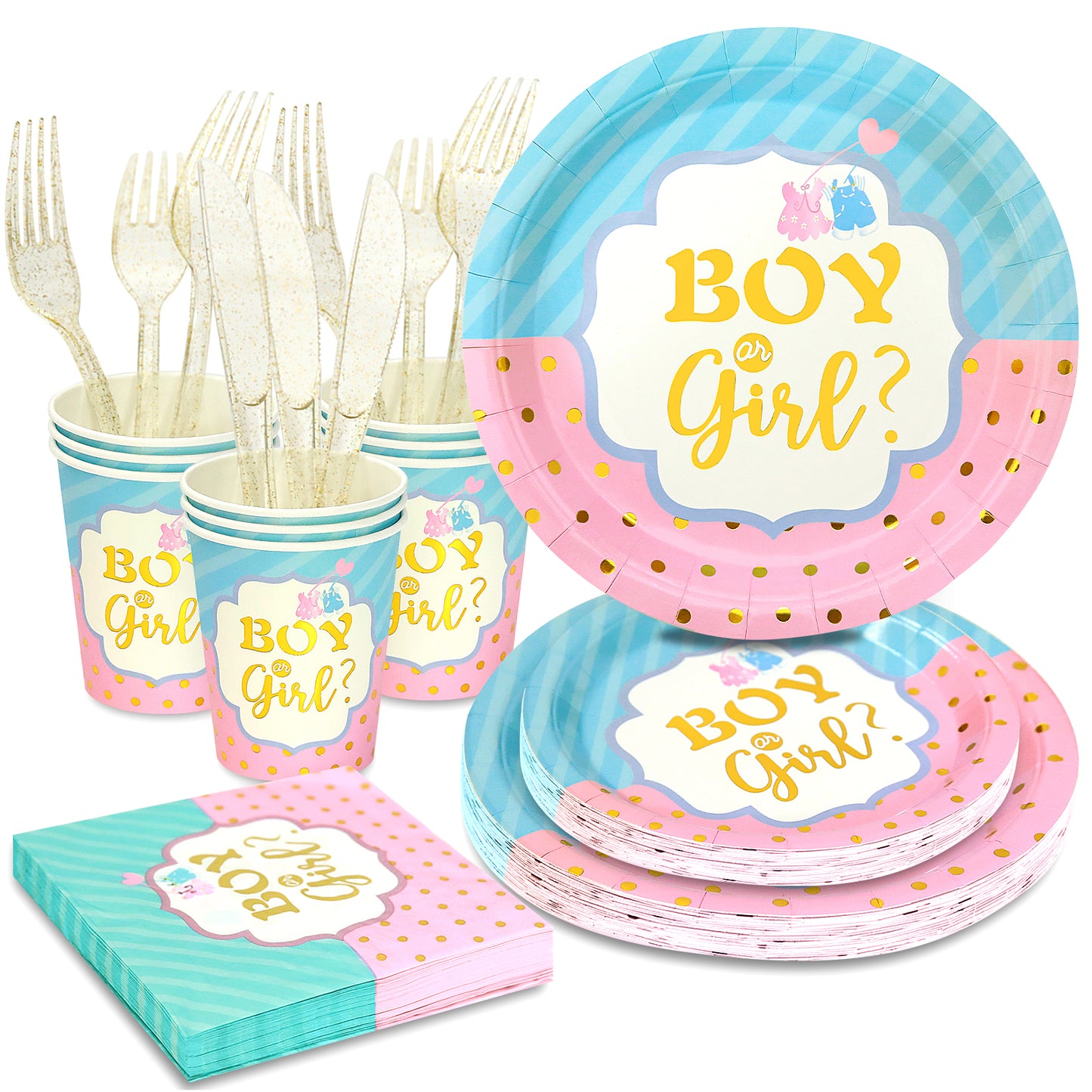 144PCS Gender Reveal Party Supplies, Blue and Pink Paper Plates and Napkins Baby Shower Tableware Set, Party Decorations for Boy or Girl, Serves 24