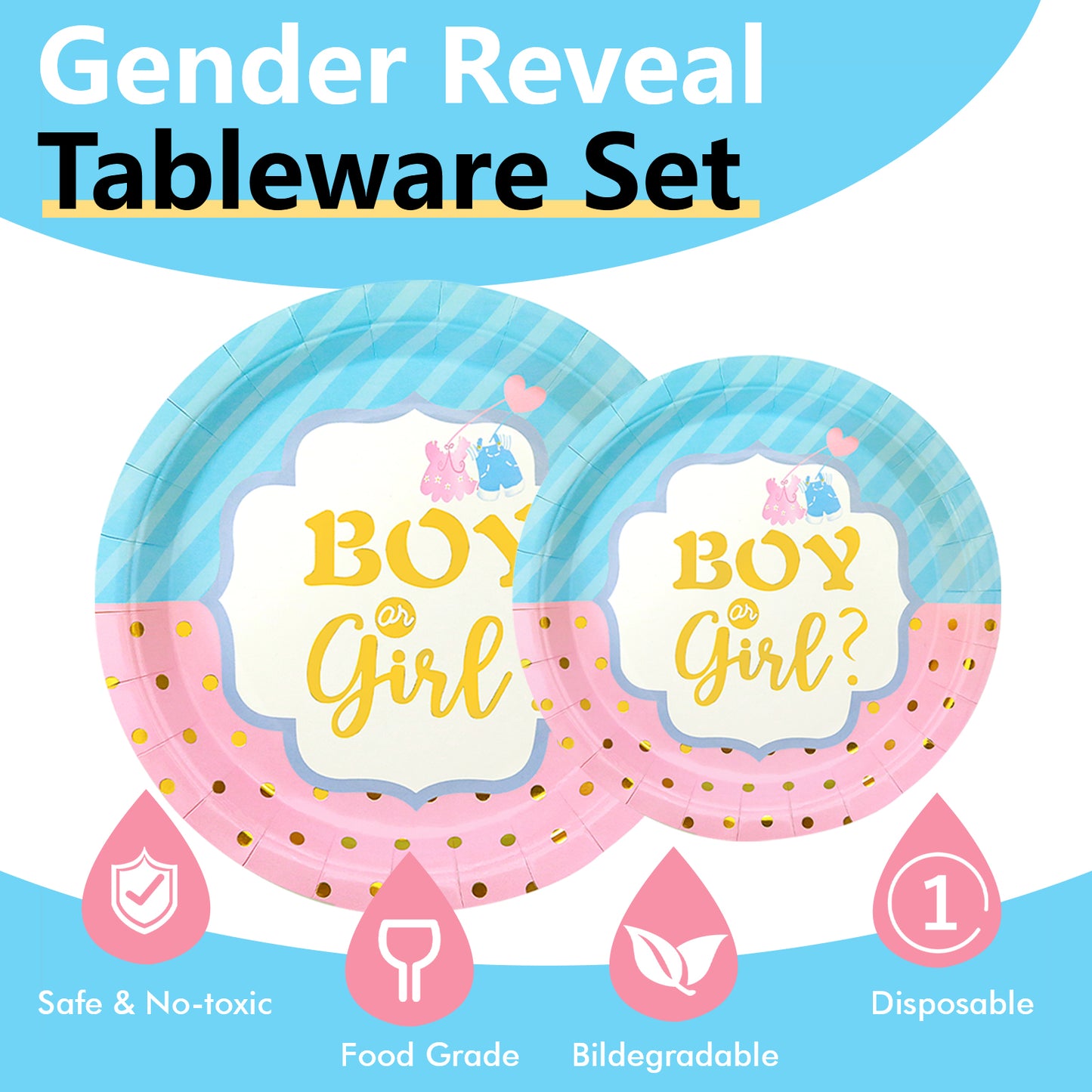 144PCS Gender Reveal Party Supplies, Blue and Pink Paper Plates and Napkins Baby Shower Tableware Set, Party Decorations for Boy or Girl, Serves 24