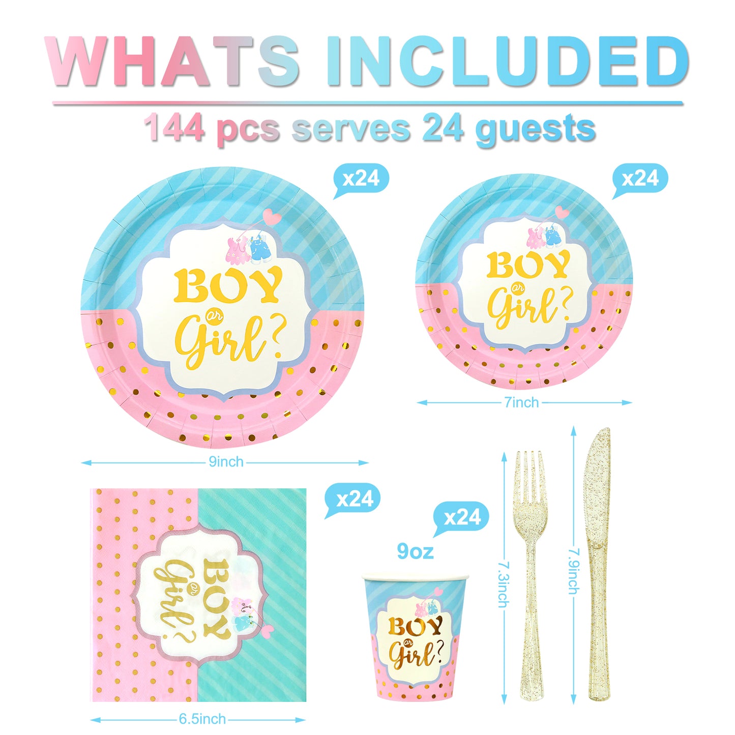 144PCS Gender Reveal Party Supplies, Blue and Pink Paper Plates and Napkins Baby Shower Tableware Set, Party Decorations for Boy or Girl, Serves 24