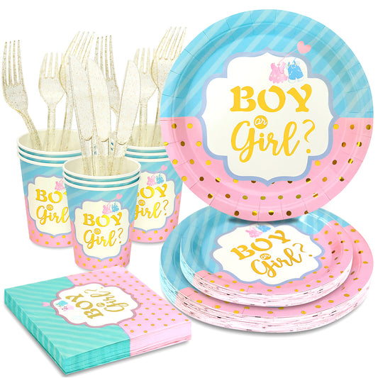 144PCS Gender Reveal Party Supplies, Blue and Pink Paper Plates and Napkins Baby Shower Tableware Set, Party Decorations for Boy or Girl, Serves 24